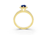 Yellow gold {shape_name} Blue Sapphire Halo Engagement Ring with Split Shank and Four-Prong Setting_3