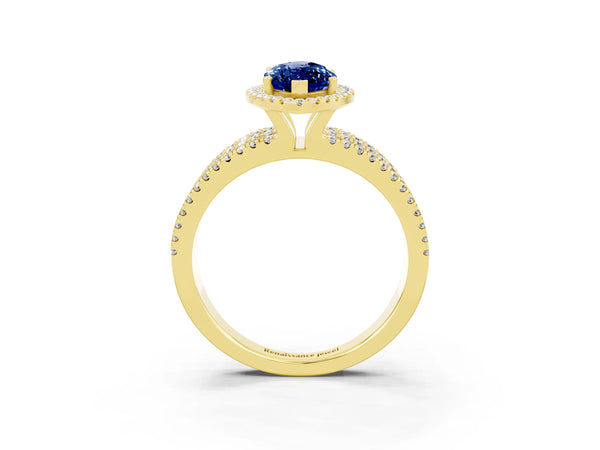 Yellow gold Marquise Cut Blue Sapphire Halo Engagement Ring with Split Shank and Four-Prong Setting