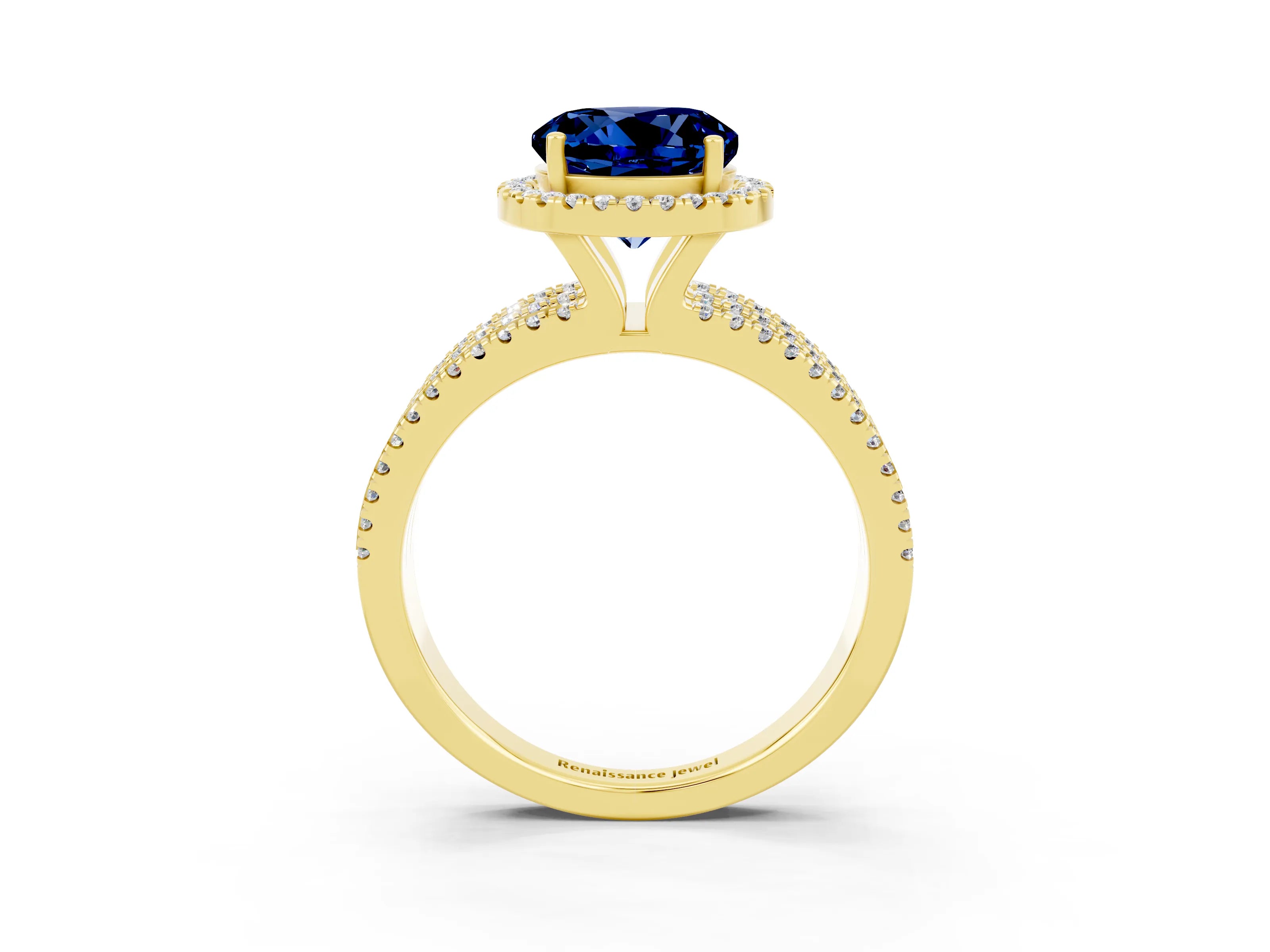 Yellow gold {shape_name} Blue Sapphire Halo Engagement Ring with Split Shank and Four-Prong Setting_3