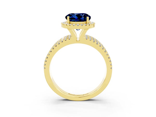 Yellow gold Round Cut Blue Sapphire Halo Engagement Ring with Split Shank and Four-Prong Setting