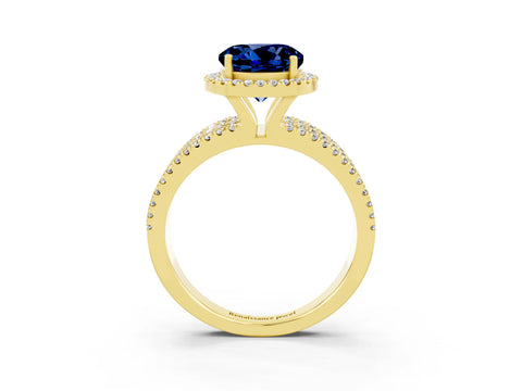 Yellow gold {shape_name} Blue Sapphire Halo Engagement Ring with Split Shank and Four-Prong Setting_3