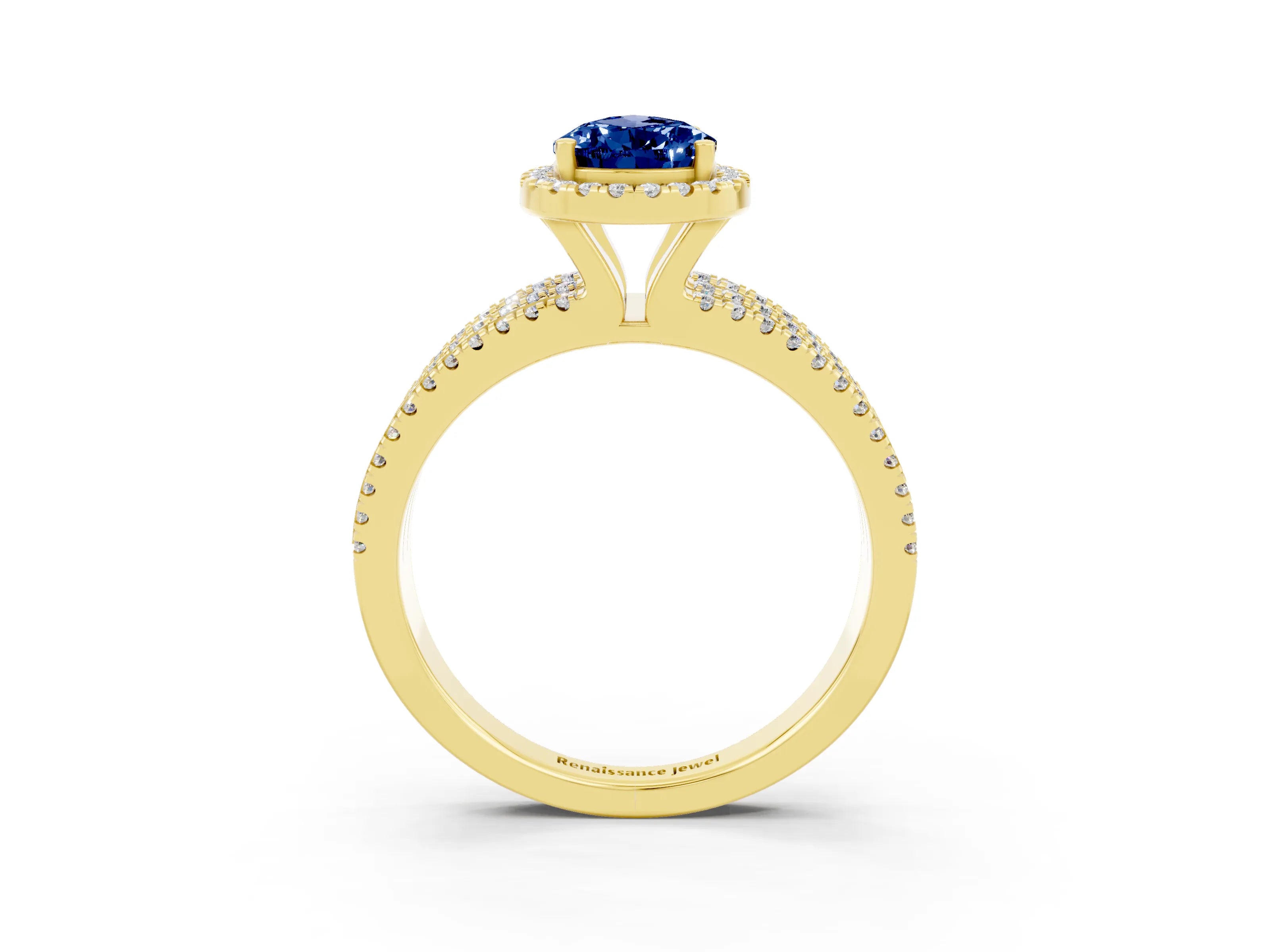 Yellow gold {shape_name} Blue Sapphire Halo Engagement Ring with Split Shank and Four-Prong Setting_3