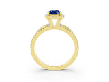 Yellow gold {shape_name} Blue Sapphire Halo Engagement Ring with Split Shank and Four-Prong Setting_3