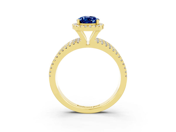 Yellow gold Pear Cut Blue Sapphire Halo Engagement Ring with Split Shank and Four-Prong Setting