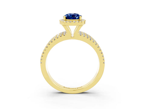 Yellow gold {shape_name} Blue Sapphire Halo Engagement Ring with Split Shank and Four-Prong Setting_3