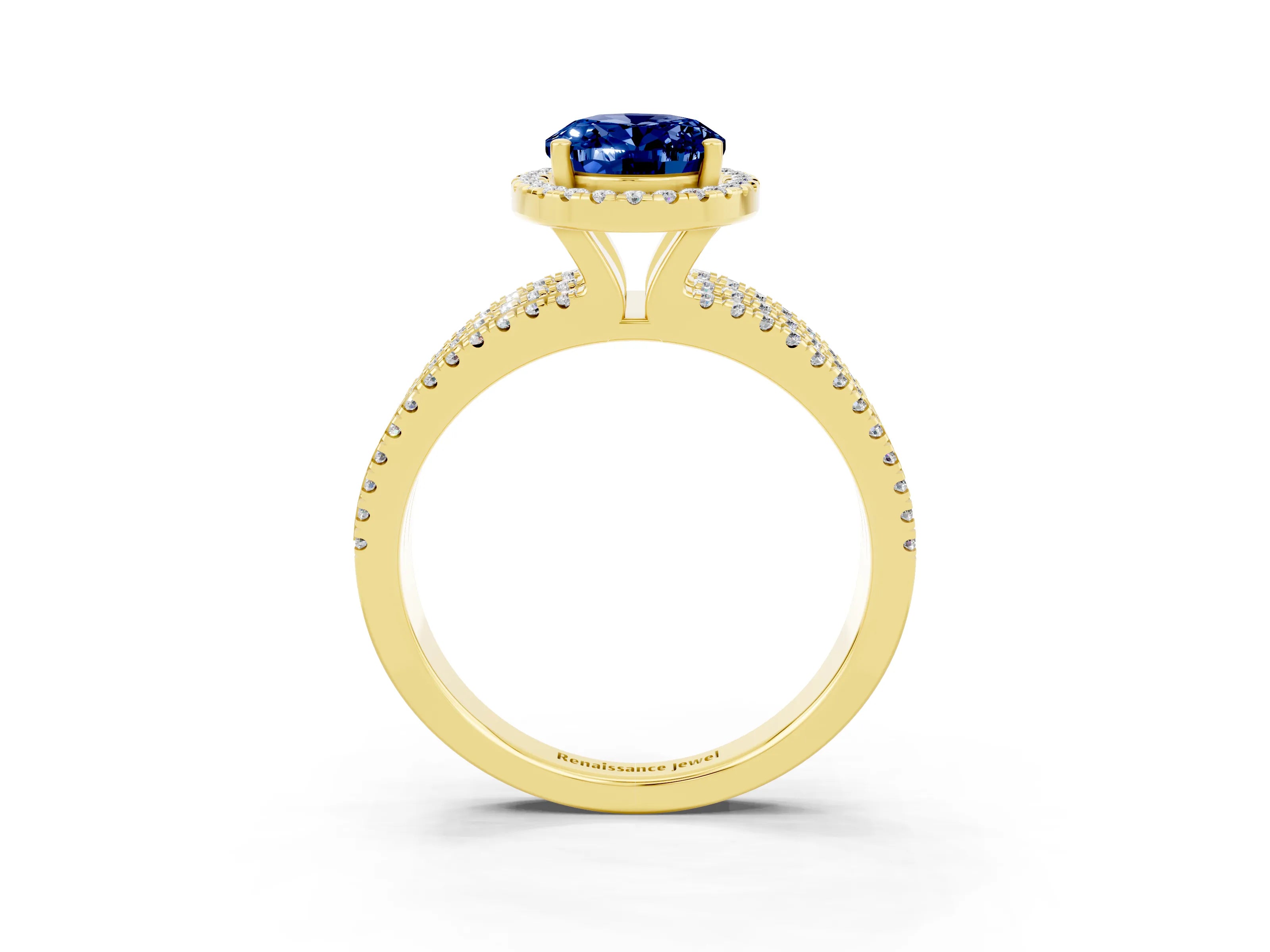 Yellow gold {shape_name} Blue Sapphire Halo Engagement Ring with Split Shank and Four-Prong Setting_3