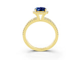 Yellow gold {shape_name} Blue Sapphire Halo Engagement Ring with Split Shank and Four-Prong Setting_3