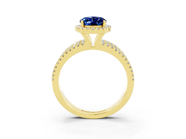 Yellow gold Oval Cut Blue Sapphire Halo Engagement Ring with Split Shank and Four-Prong Setting