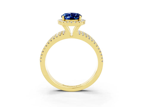 Yellow gold {shape_name} Blue Sapphire Halo Engagement Ring with Split Shank and Four-Prong Setting_3