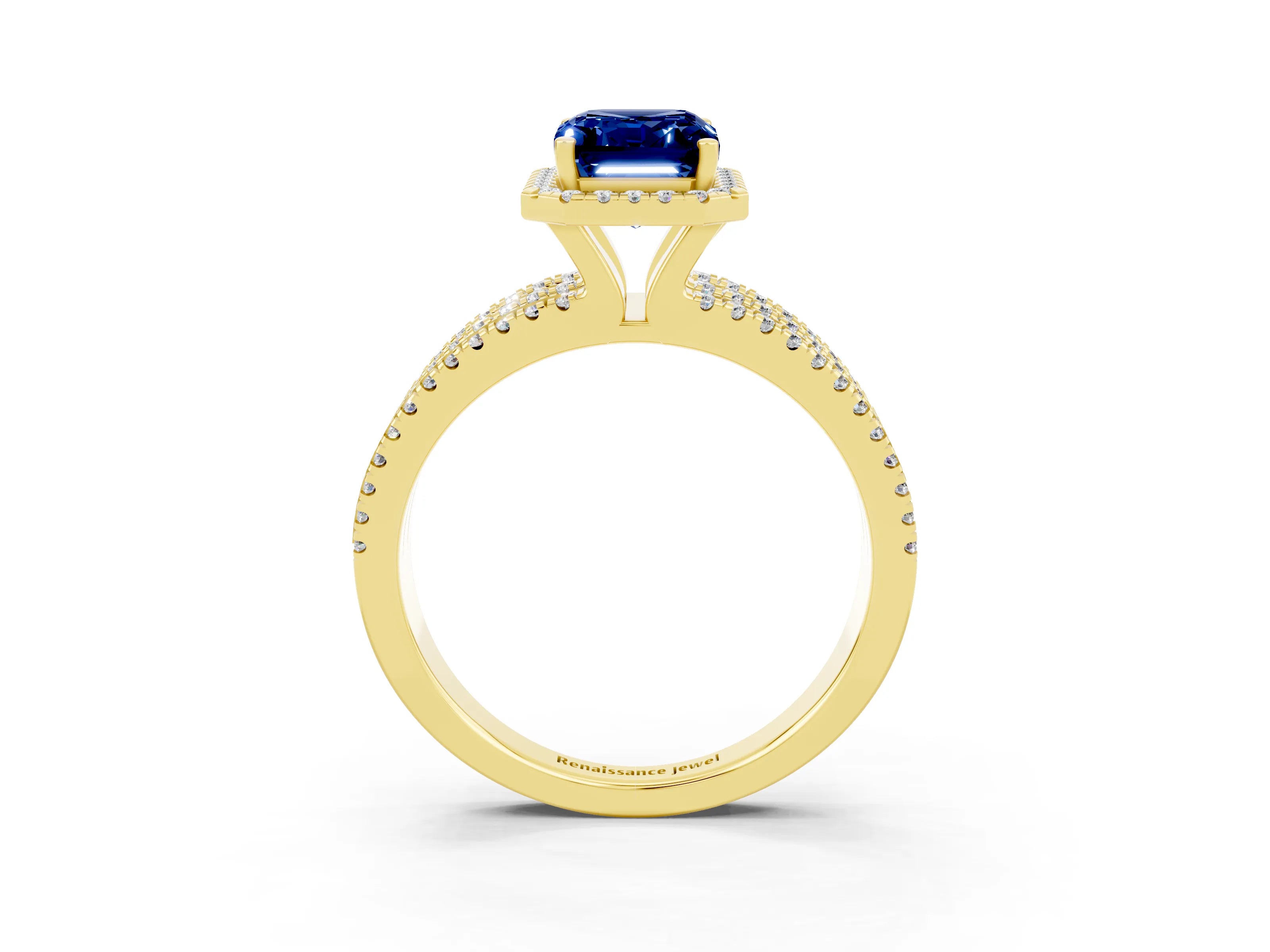 Yellow gold {shape_name} Blue Sapphire Halo Engagement Ring with Split Shank and Four-Prong Setting_3