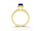 Yellow gold {shape_name} Blue Sapphire Halo Engagement Ring with Split Shank and Four-Prong Setting_3