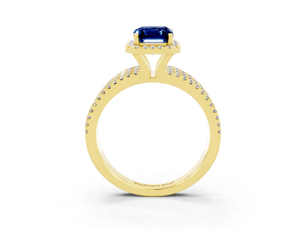Yellow gold Emerald Cut Blue Sapphire Halo Engagement Ring with Split Shank and Four-Prong Setting