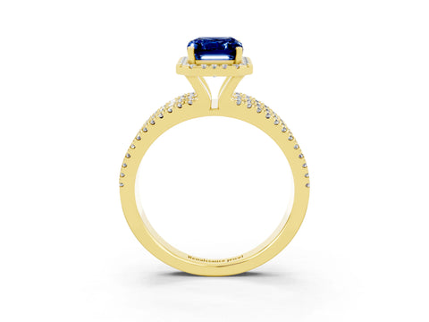 Yellow gold {shape_name} Blue Sapphire Halo Engagement Ring with Split Shank and Four-Prong Setting_3