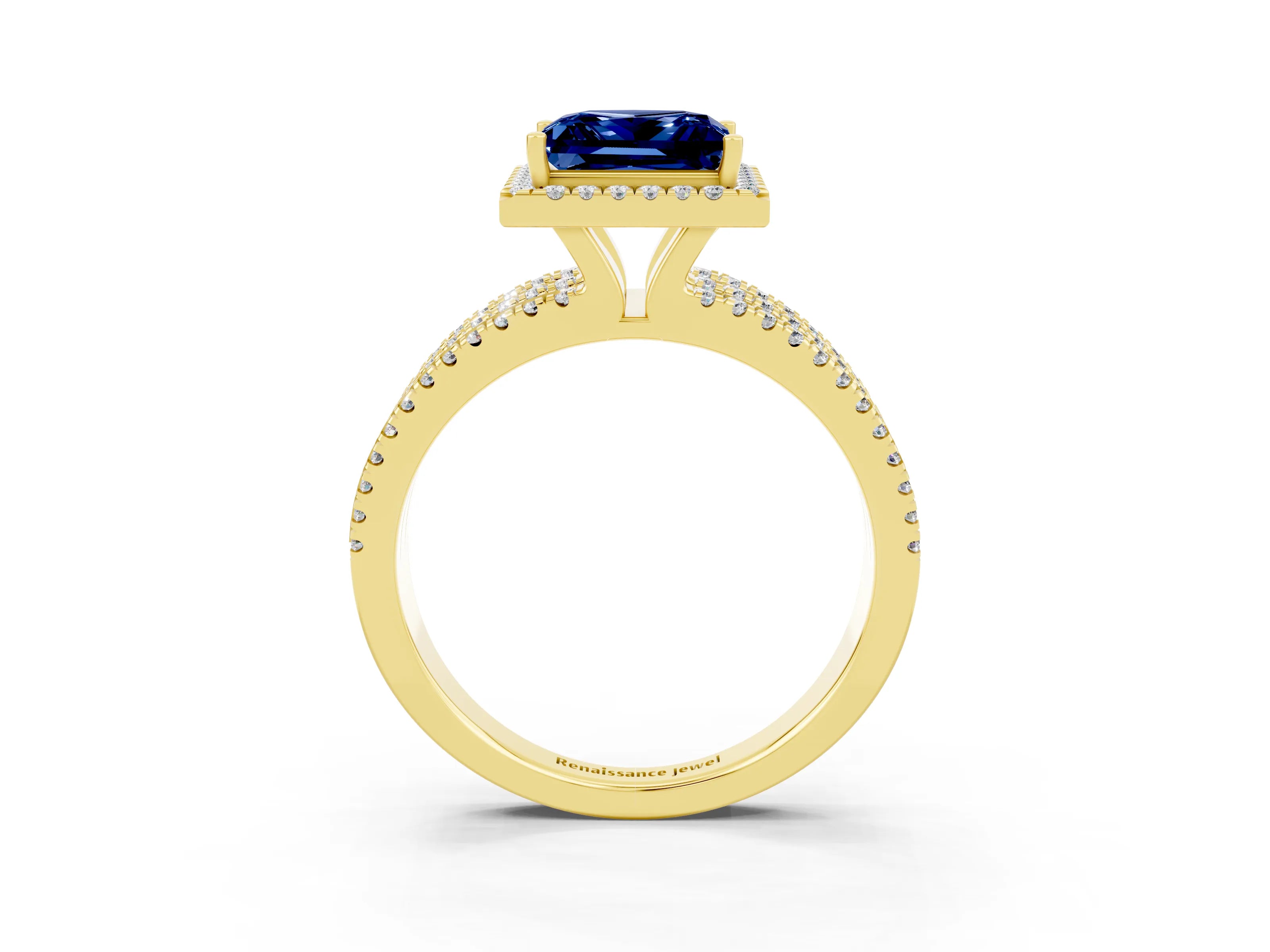 Yellow gold {shape_name} Blue Sapphire Halo Engagement Ring with Split Shank and Four-Prong Setting_3