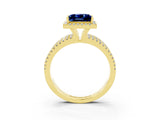 Yellow gold {shape_name} Blue Sapphire Halo Engagement Ring with Split Shank and Four-Prong Setting_3