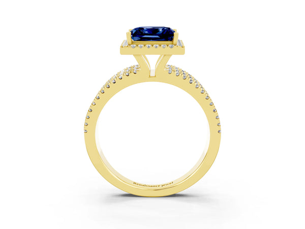 Yellow gold Princess Cut Blue Sapphire Halo Engagement Ring with Split Shank and Four-Prong Setting