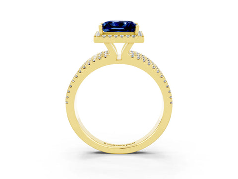 Yellow gold {shape_name} Blue Sapphire Halo Engagement Ring with Split Shank and Four-Prong Setting_3