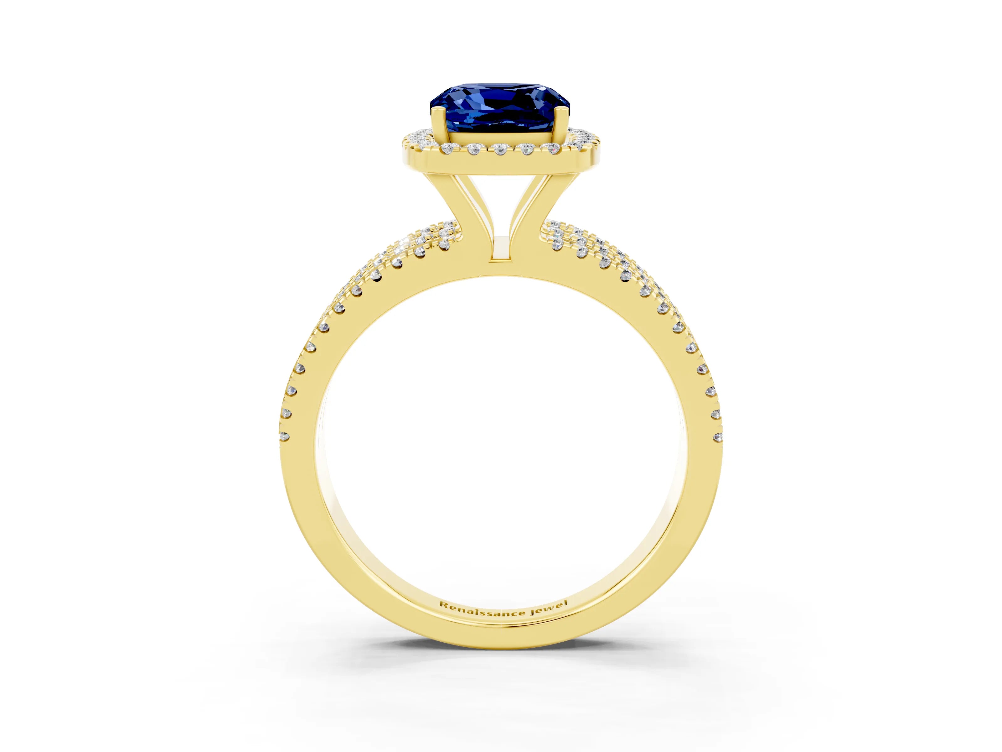 Yellow gold {shape_name} Blue Sapphire Halo Engagement Ring with Split Shank and Four-Prong Setting_3
