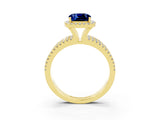 Yellow gold {shape_name} Blue Sapphire Halo Engagement Ring with Split Shank and Four-Prong Setting_3