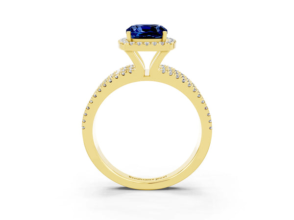 Yellow gold Cushion Cut Blue Sapphire Halo Engagement Ring with Split Shank and Four-Prong Setting