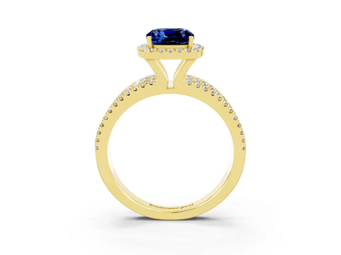 Yellow gold {shape_name} Blue Sapphire Halo Engagement Ring with Split Shank and Four-Prong Setting_3