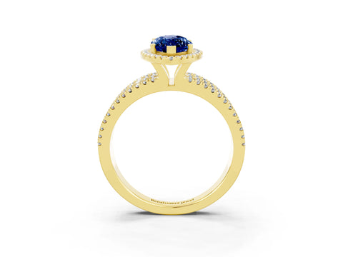 Yellow gold {shape_name} Blue Sapphire Halo Engagement Ring with Split Shank and Four-Prong Setting_3