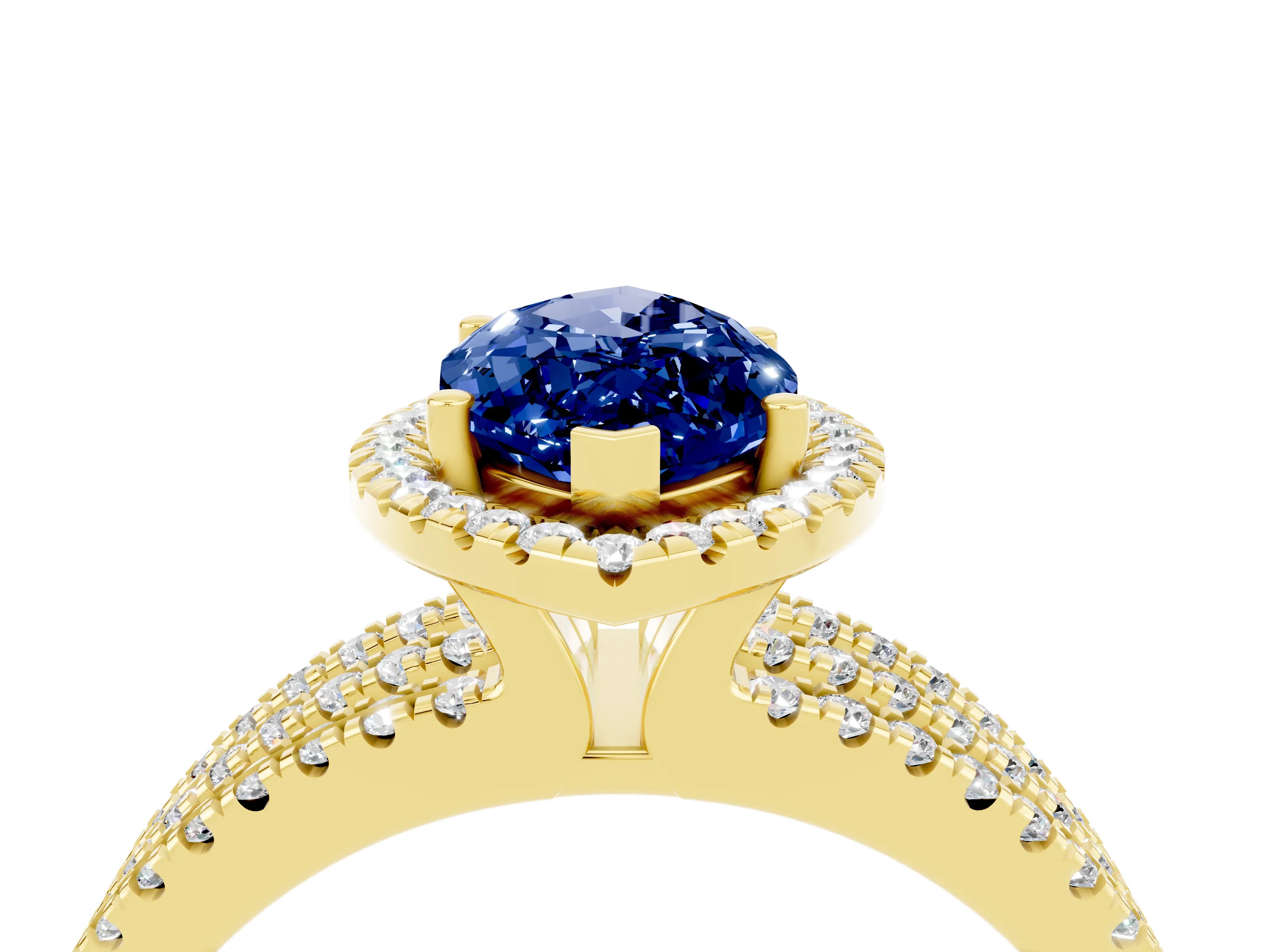 Yellow gold {shape_name} Blue Sapphire Halo Engagement Ring with Split Shank and Four-Prong Setting_4