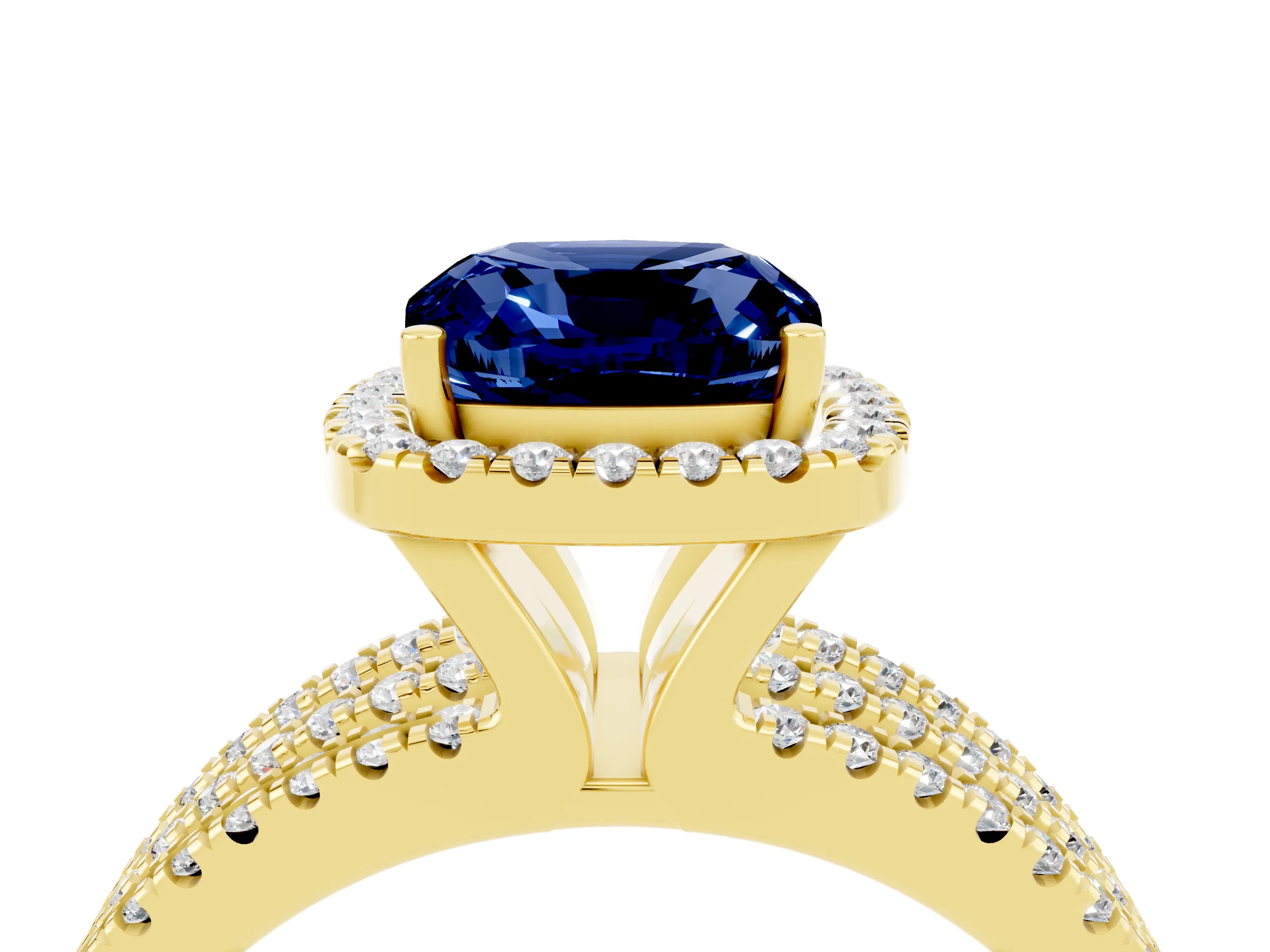 Yellow gold {shape_name} Blue Sapphire Halo Engagement Ring with Split Shank and Four-Prong Setting_4