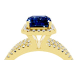 Yellow gold {shape_name} Blue Sapphire Halo Engagement Ring with Split Shank and Four-Prong Setting_4