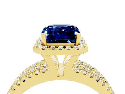Yellow gold {shape_name} Blue Sapphire Halo Engagement Ring with Split Shank and Four-Prong Setting_4