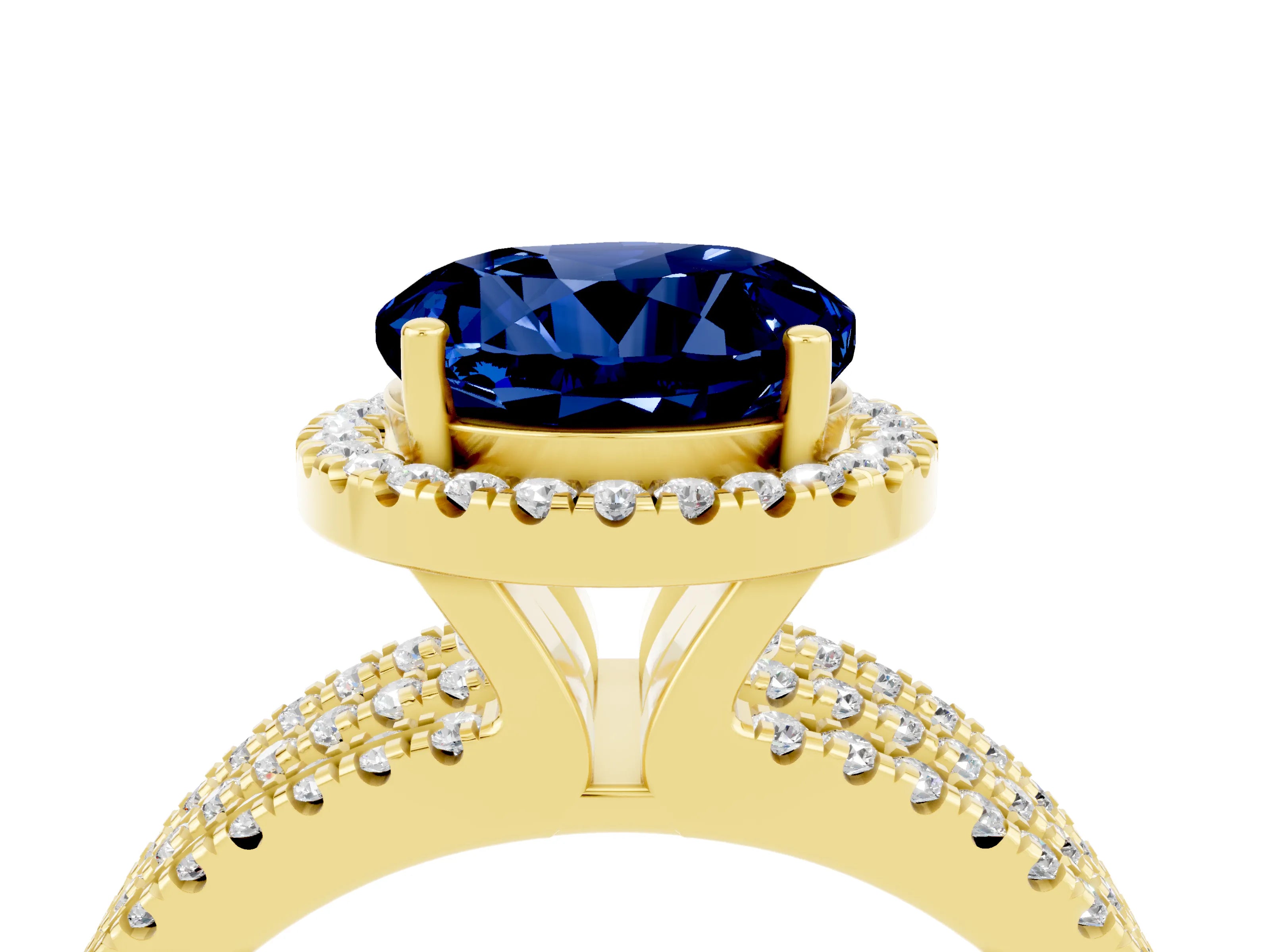 Yellow gold {shape_name} Blue Sapphire Halo Engagement Ring with Split Shank and Four-Prong Setting_4