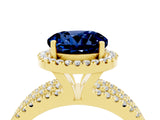 Yellow gold {shape_name} Blue Sapphire Halo Engagement Ring with Split Shank and Four-Prong Setting_4
