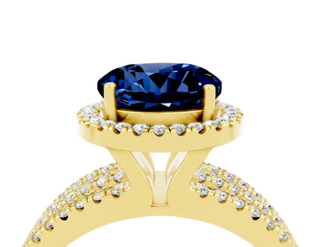 Yellow gold {shape_name} Blue Sapphire Halo Engagement Ring with Split Shank and Four-Prong Setting_4