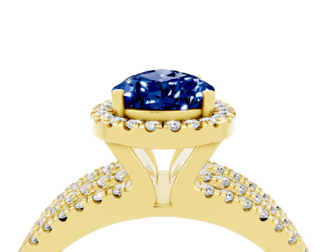 Yellow gold {shape_name} Blue Sapphire Halo Engagement Ring with Split Shank and Four-Prong Setting_4