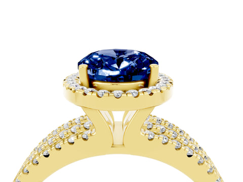 Yellow gold {shape_name} Blue Sapphire Halo Engagement Ring with Split Shank and Four-Prong Setting_4