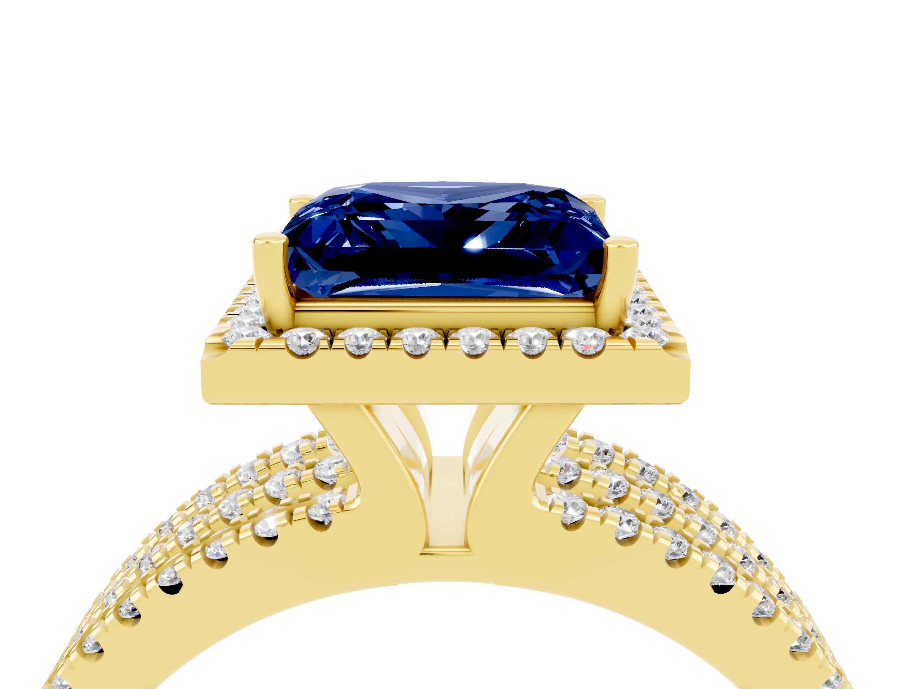 Yellow gold {shape_name} Blue Sapphire Halo Engagement Ring with Split Shank and Four-Prong Setting_4