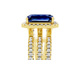 Yellow gold {shape_name} Blue Sapphire Halo Engagement Ring with Split Shank and Four-Prong Setting_5