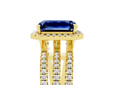 Yellow gold {shape_name} Blue Sapphire Halo Engagement Ring with Split Shank and Four-Prong Setting_5