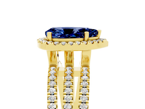 Yellow gold {shape_name} Blue Sapphire Halo Engagement Ring with Split Shank and Four-Prong Setting_5