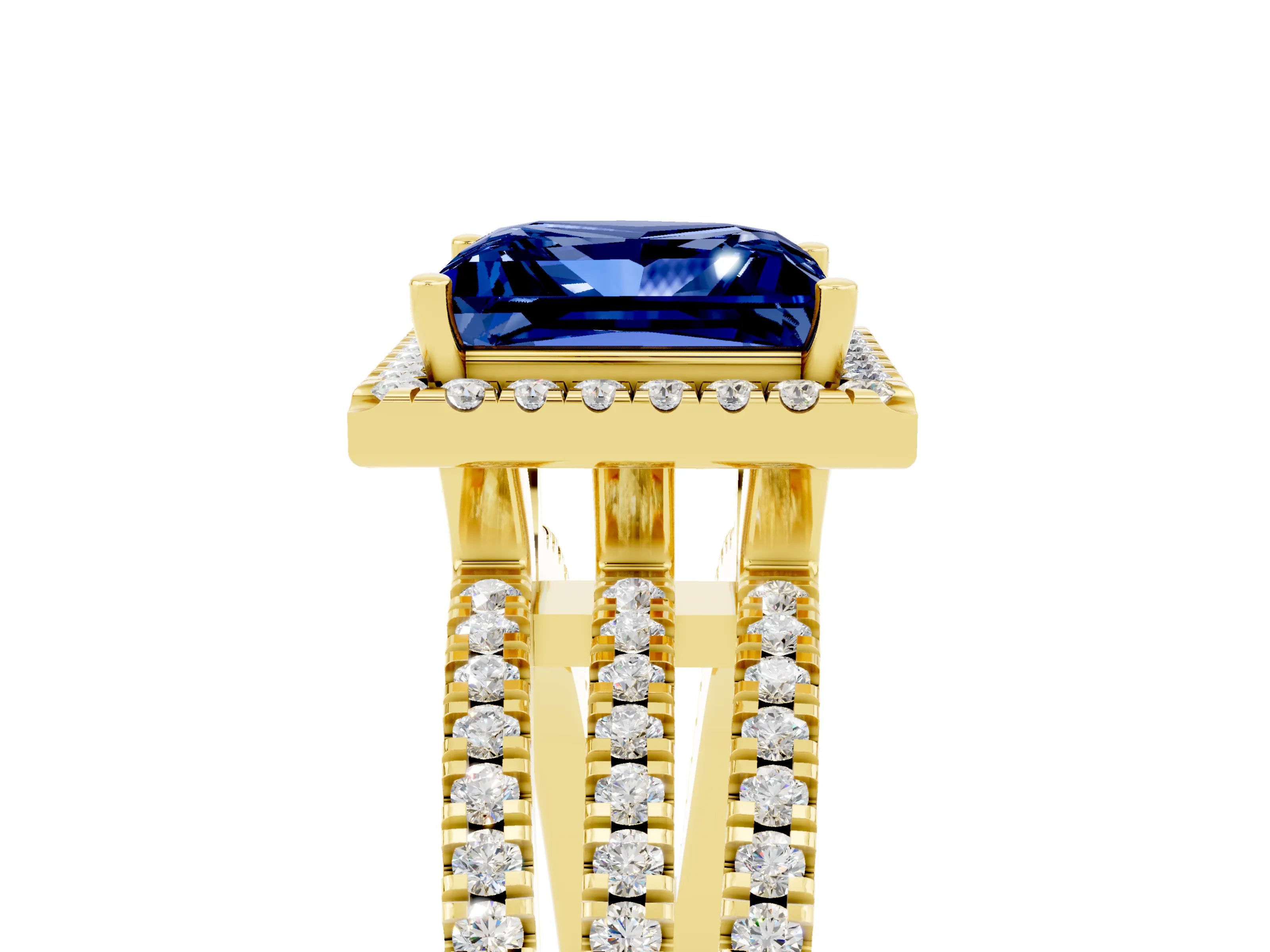 Yellow gold {shape_name} Blue Sapphire Halo Engagement Ring with Split Shank and Four-Prong Setting_5