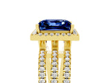 Yellow gold {shape_name} Blue Sapphire Halo Engagement Ring with Split Shank and Four-Prong Setting_5
