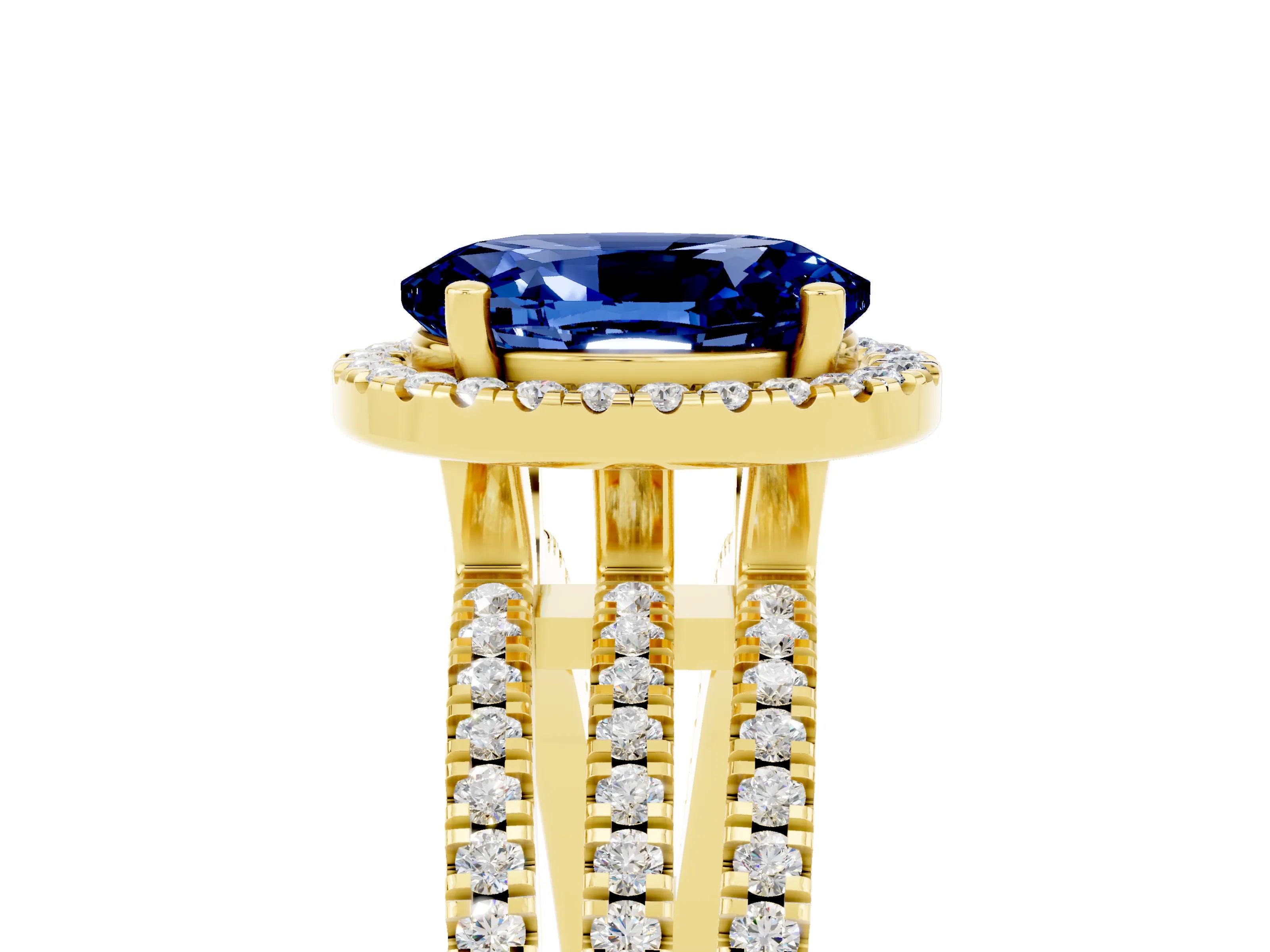 Yellow gold {shape_name} Blue Sapphire Halo Engagement Ring with Split Shank and Four-Prong Setting_5