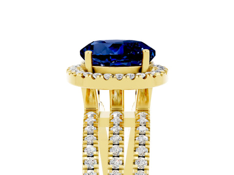 Yellow gold {shape_name} Blue Sapphire Halo Engagement Ring with Split Shank and Four-Prong Setting_5