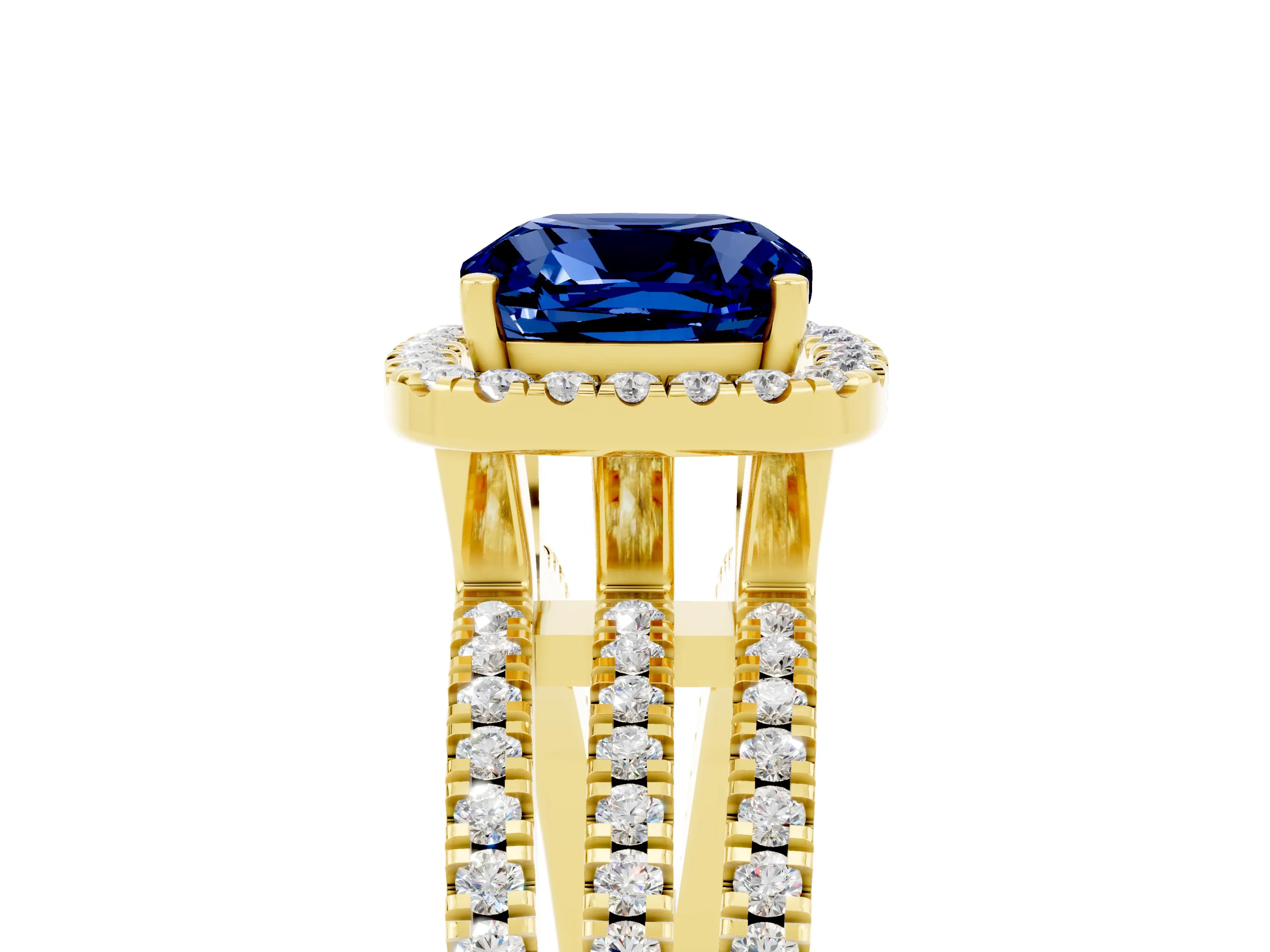 Yellow gold {shape_name} Blue Sapphire Halo Engagement Ring with Split Shank and Four-Prong Setting_5