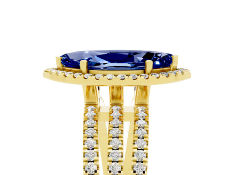 Yellow gold {shape_name} Blue Sapphire Halo Engagement Ring with Split Shank and Four-Prong Setting_5