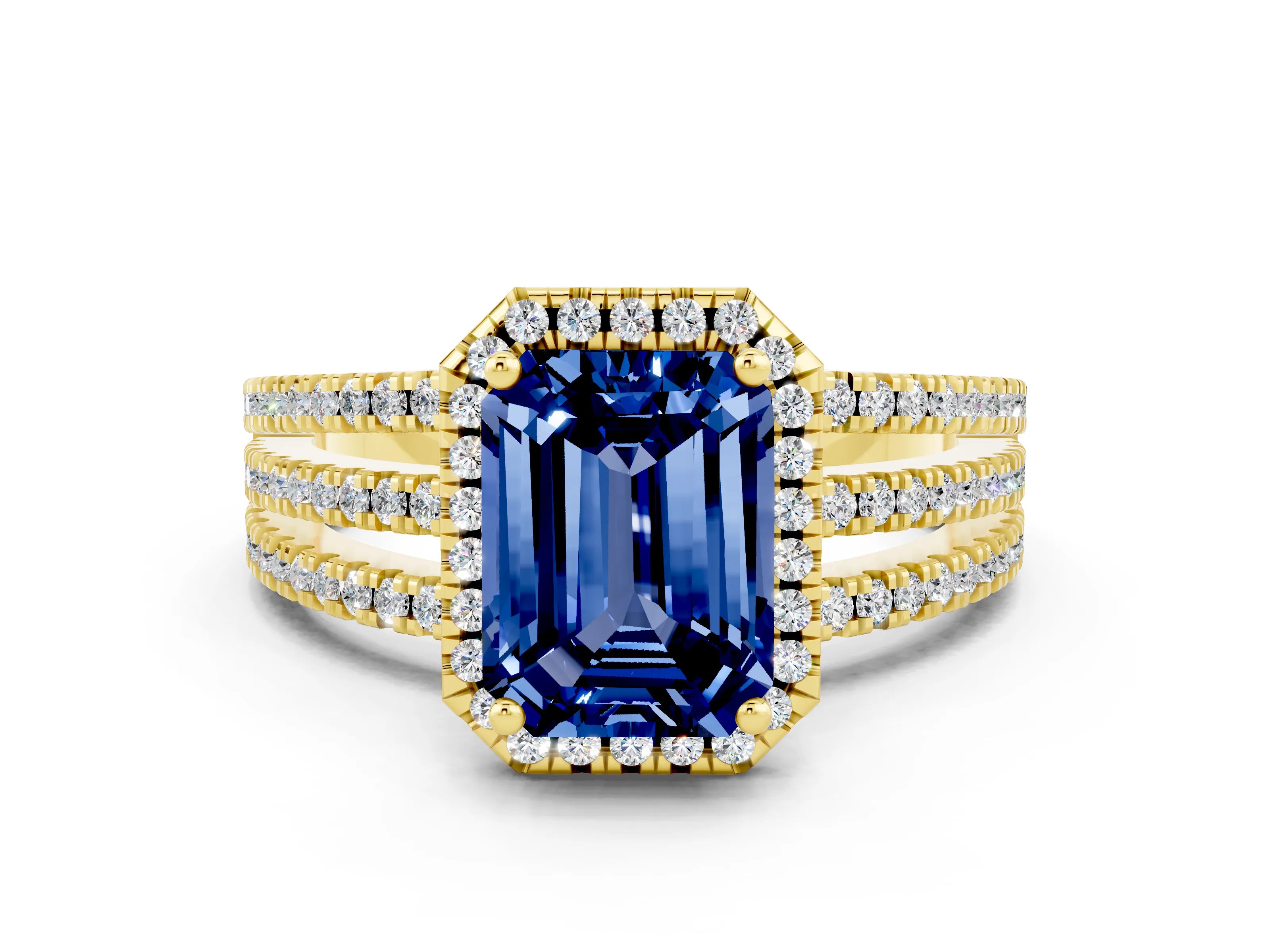 Yellow gold {shape_name} Blue Sapphire Halo Engagement Ring with Split Shank and Four-Prong Setting