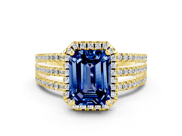 Yellow gold Emerald Cut Blue Sapphire Halo Engagement Ring with Split Shank and Four-Prong Setting