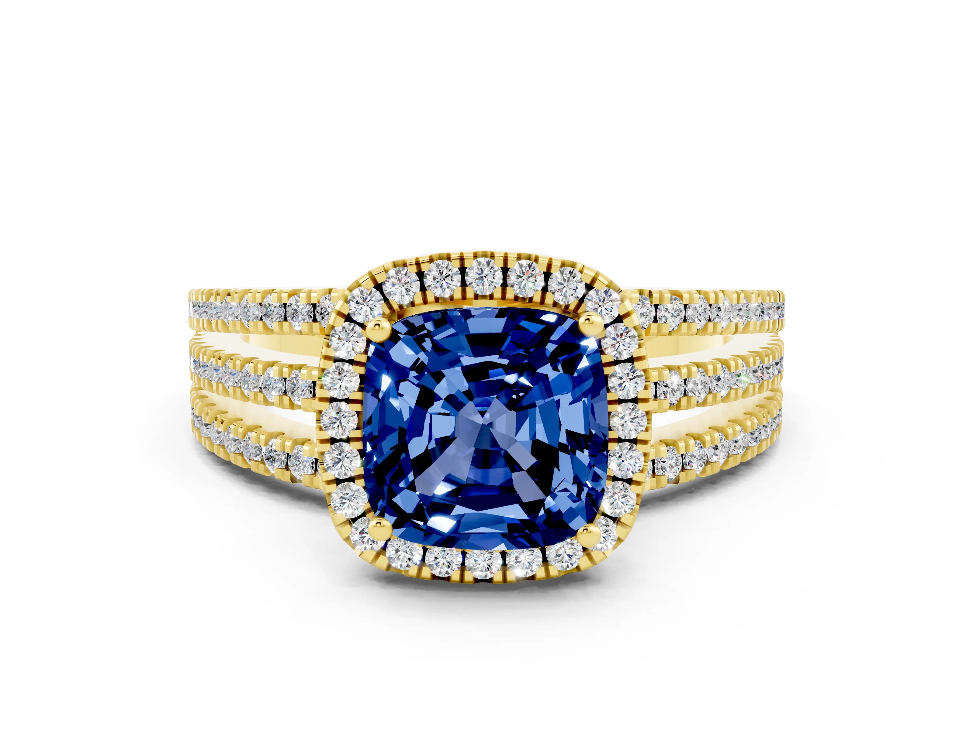 Yellow gold {shape_name} Blue Sapphire Halo Engagement Ring with Split Shank and Four-Prong Setting