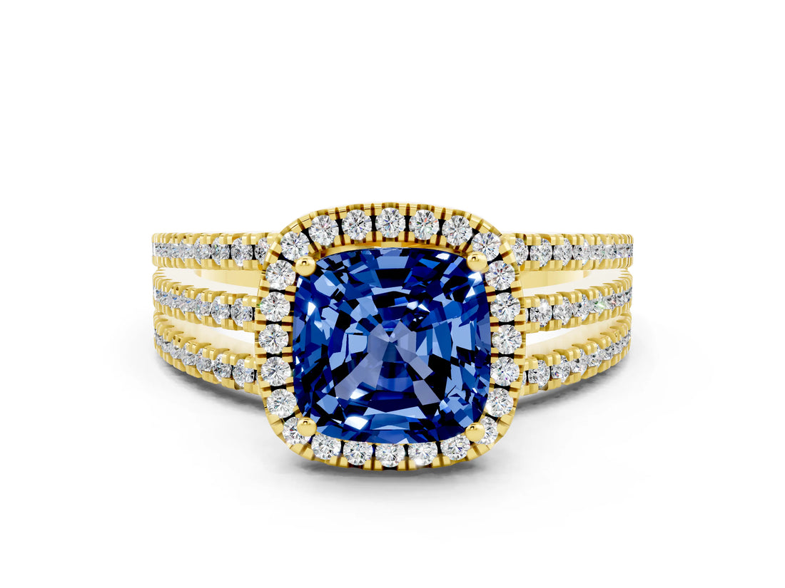 Yellow gold {shape_name} Blue Sapphire Halo Engagement Ring with Split Shank and Four-Prong Setting
