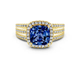 Yellow gold {shape_name} Blue Sapphire Halo Engagement Ring with Split Shank and Four-Prong Setting